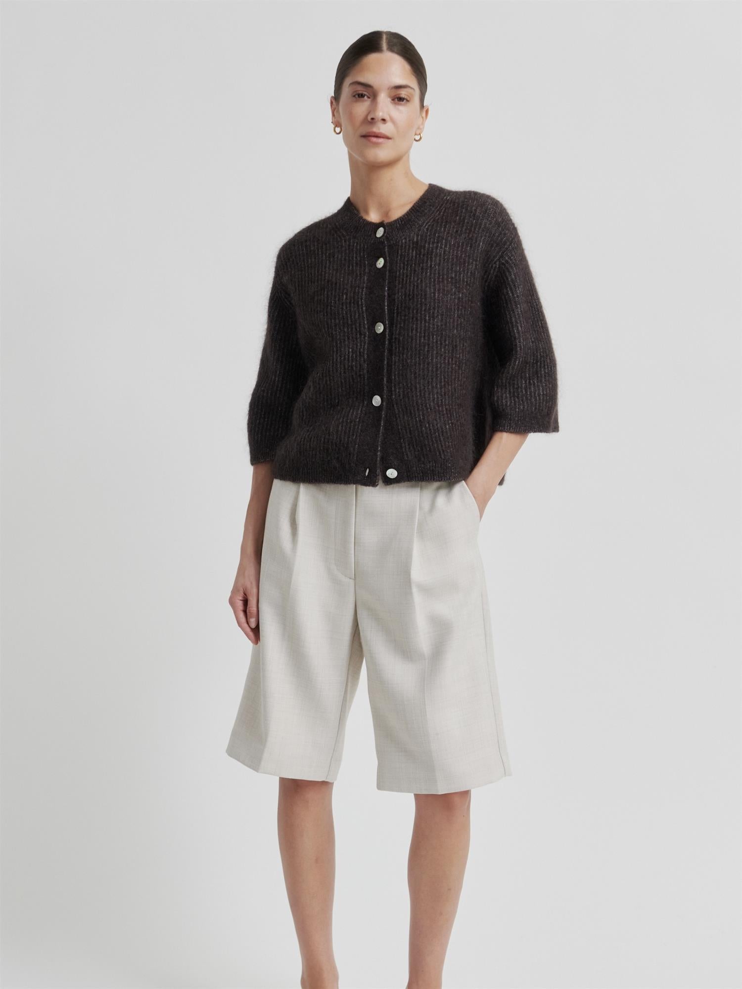 Andrea Knit Rib Cardigan, Dark Brown