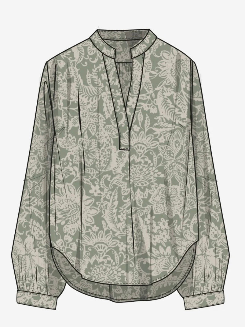 Blouse,tunic shape, stand up collar with v-neck