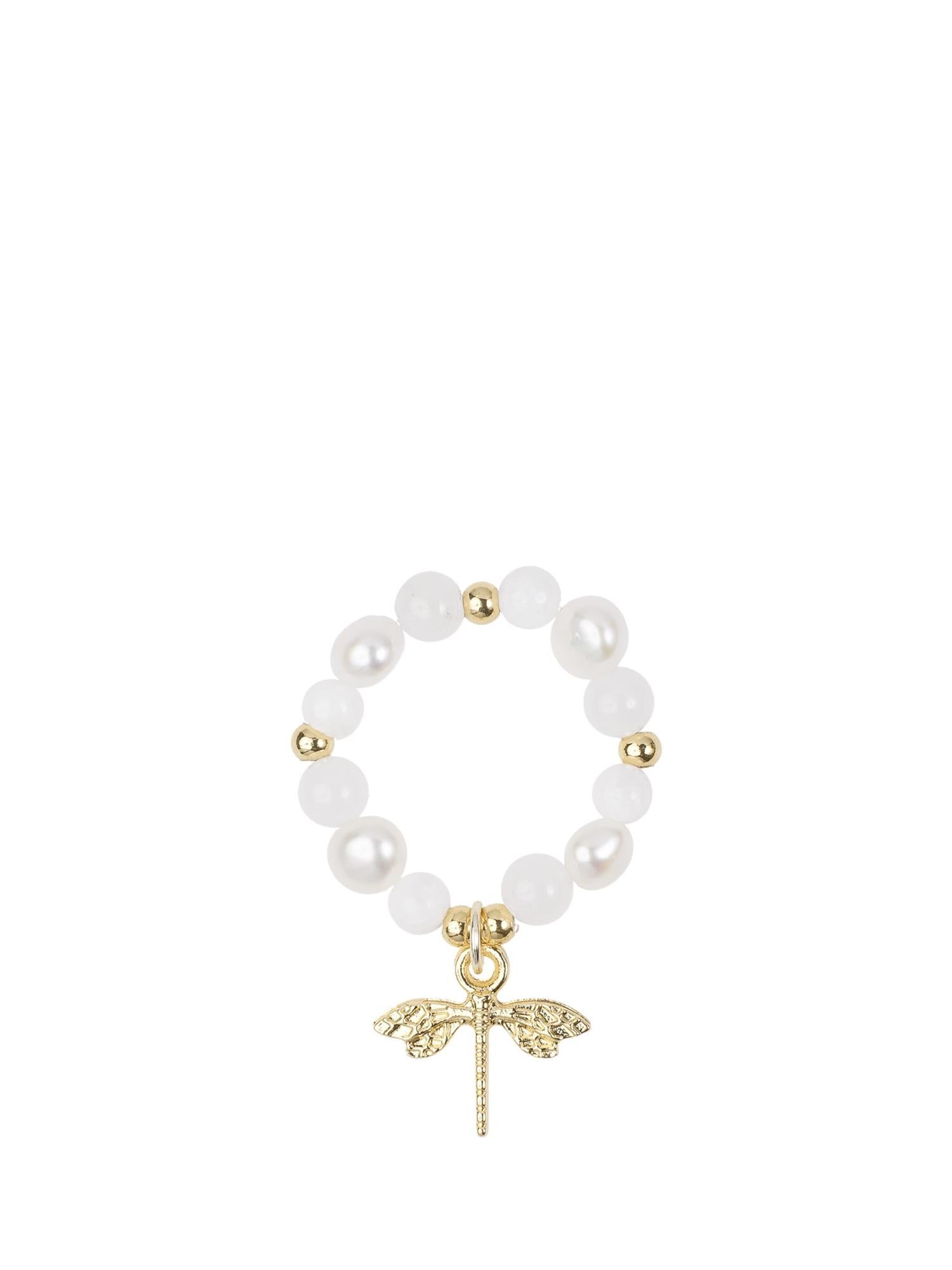 Stone & Pearl Bead Ring 4 mm W/Charm, White