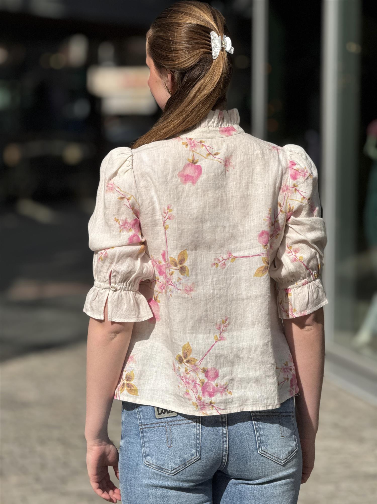 Linen Blouse, Pink Bloom
