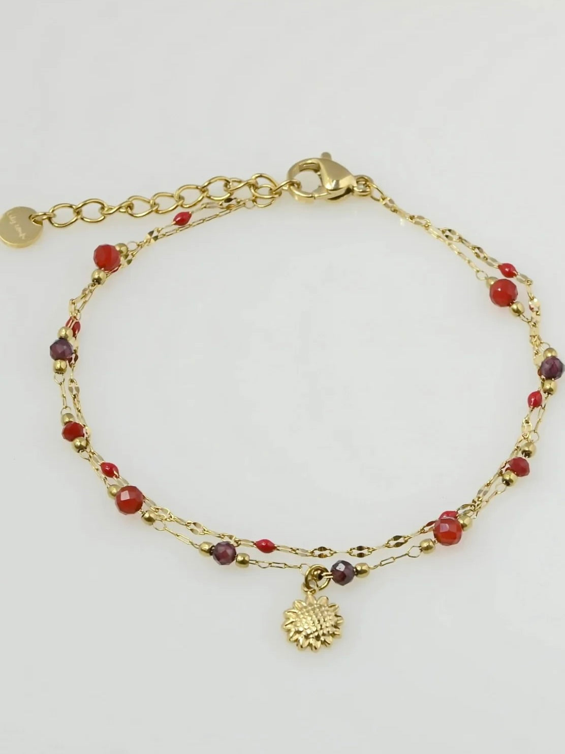 Bracelet, Double chain, natural stone,glass beads, Red