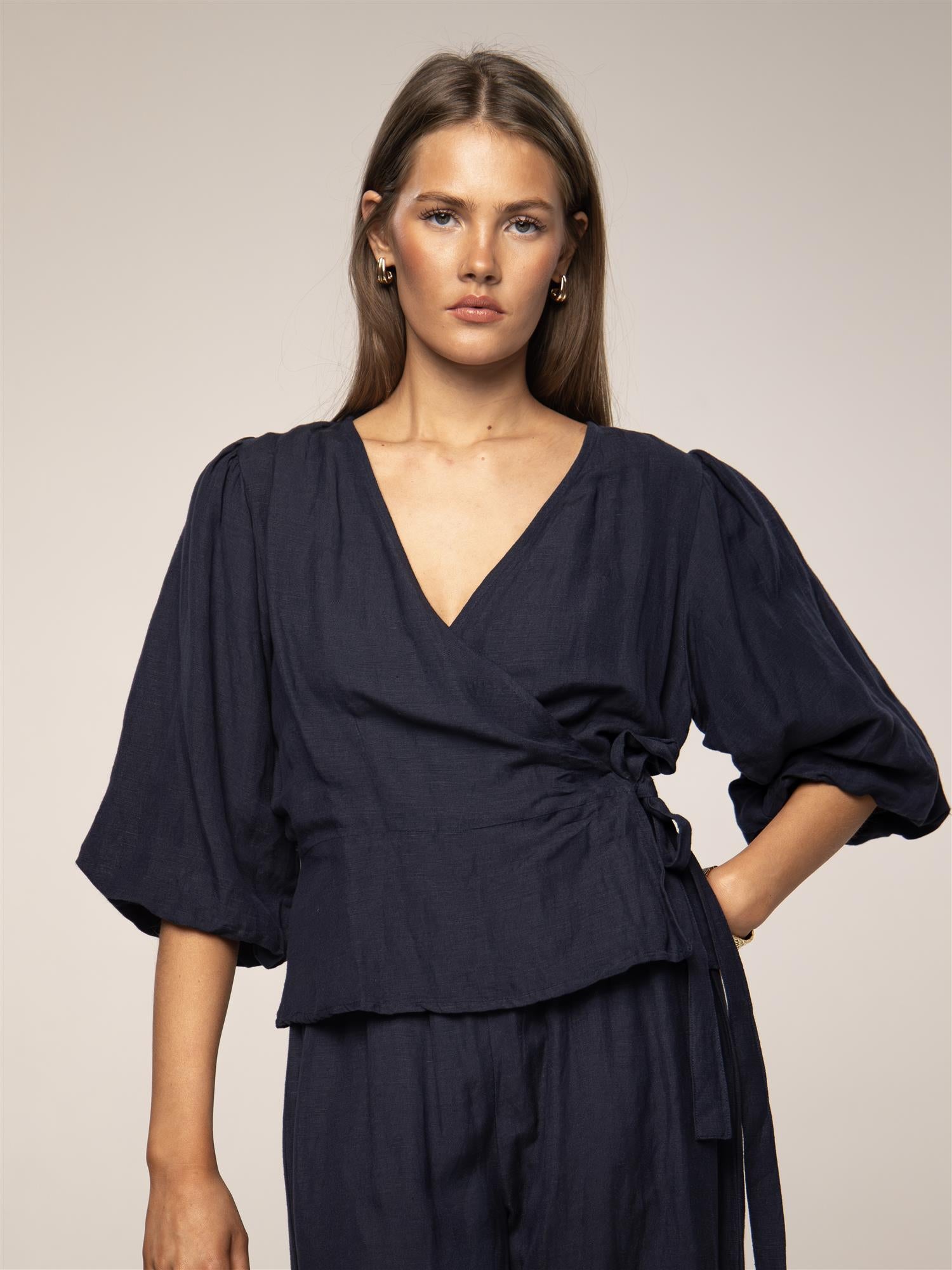 Nelli Wrap Top, Sailing Blue Linen