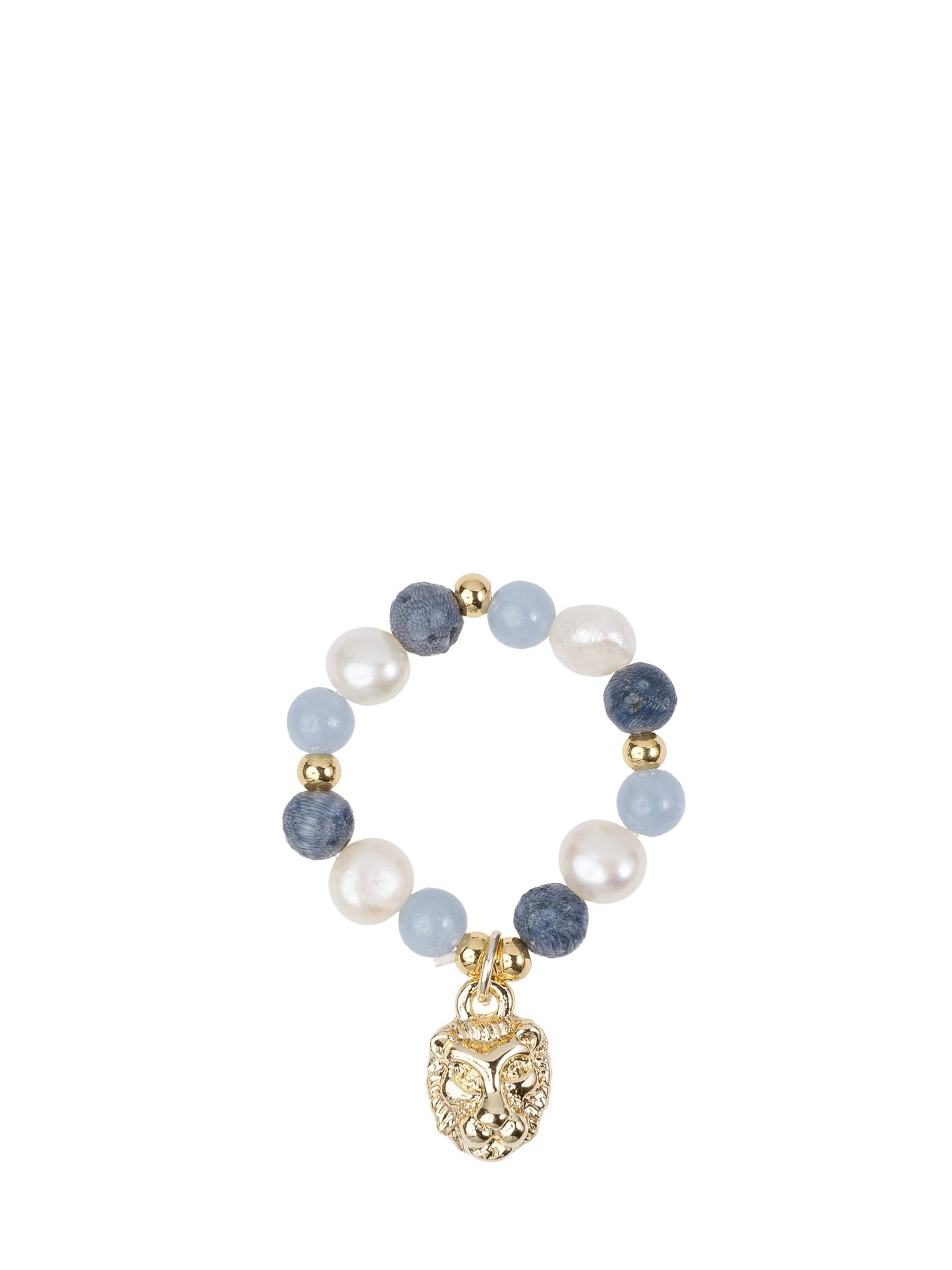 Stone & Pearl Bead Ring 4 mm W/Charm, Blue