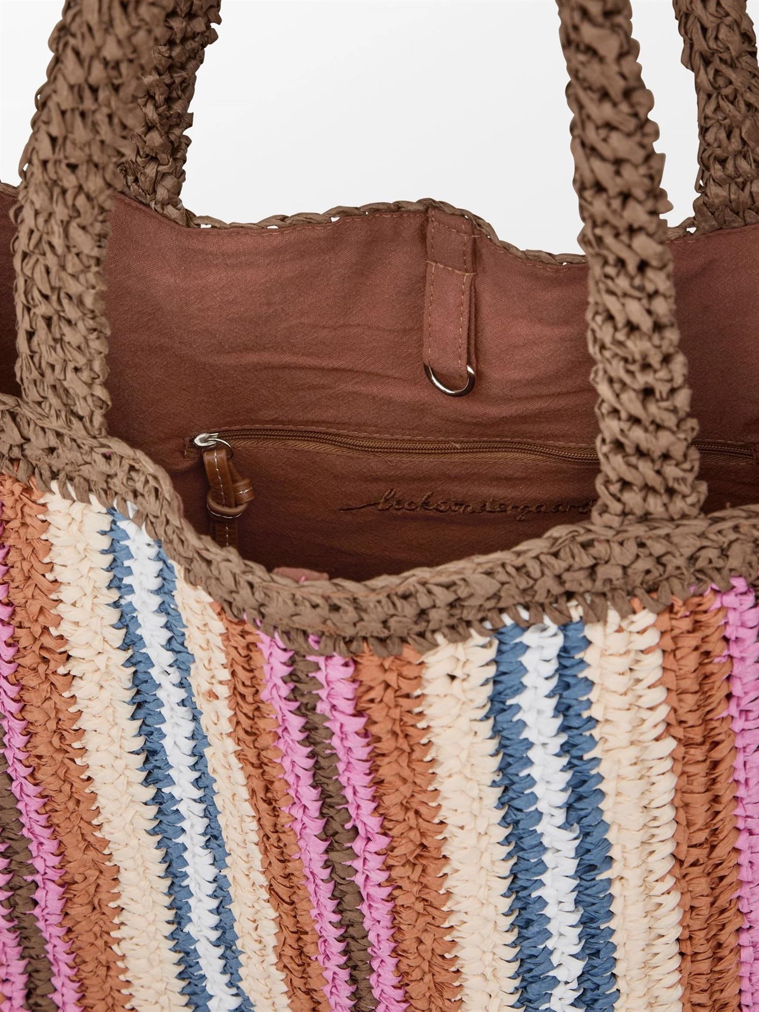 Stripe Straw Tota Bag, Brown