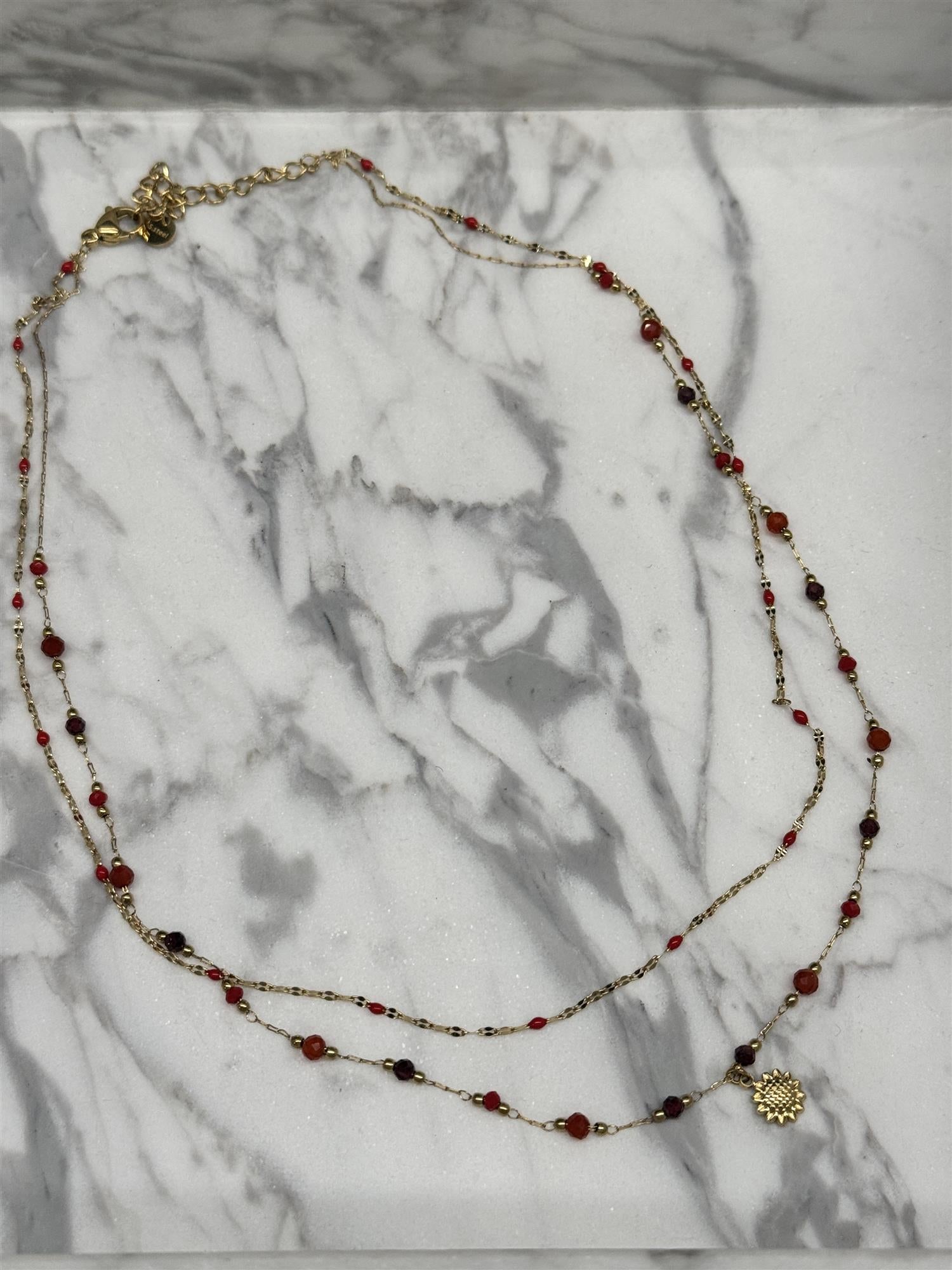 Necklace, natural stones, glass beads, Red