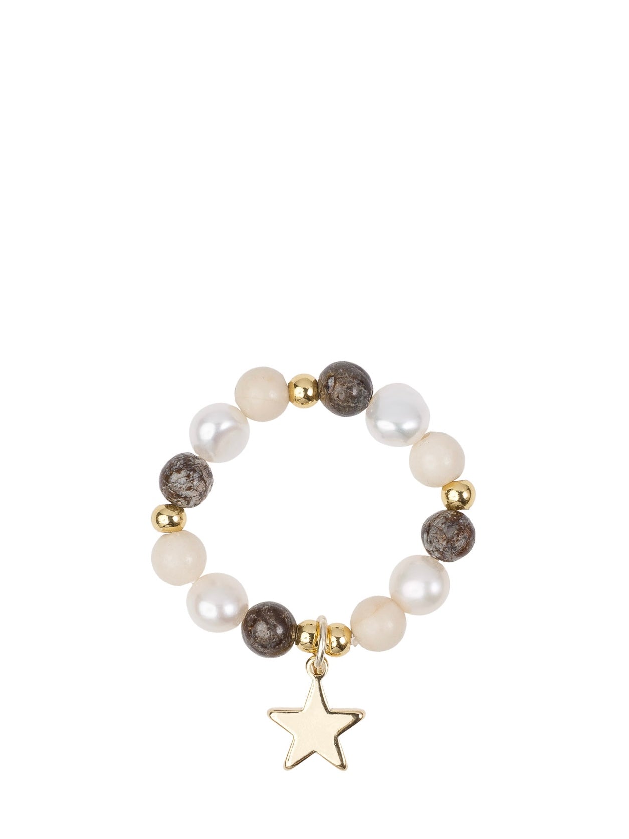 Stone & Pearl Bead Ring 4 mm W/Charm, Brown