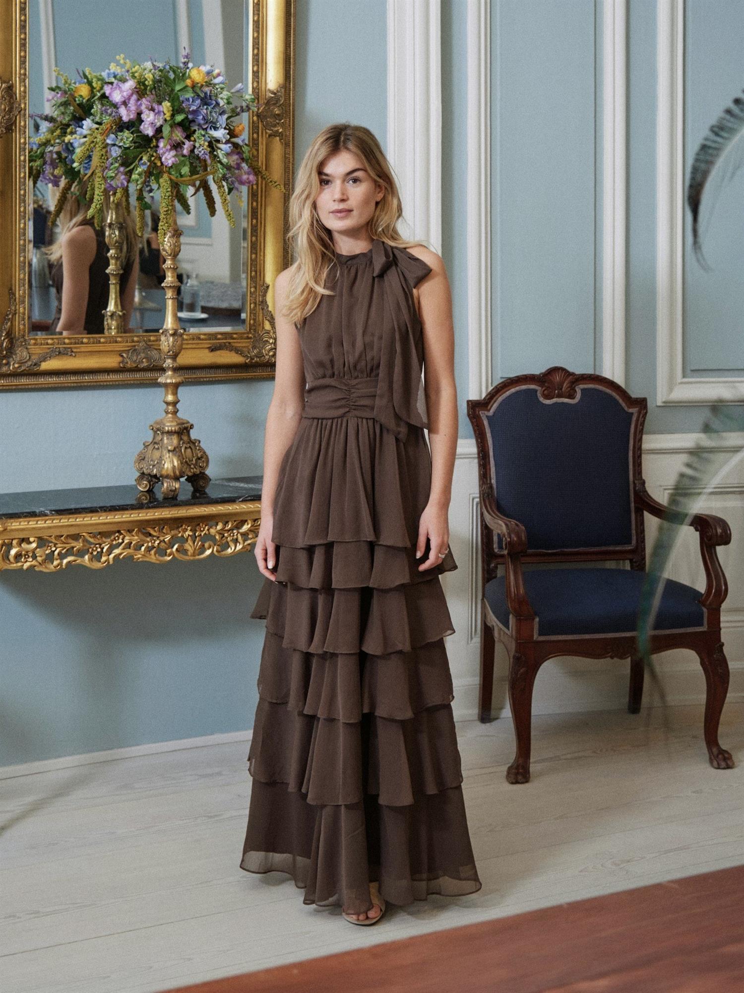 Marli Solid Chiffon Dress, Brown