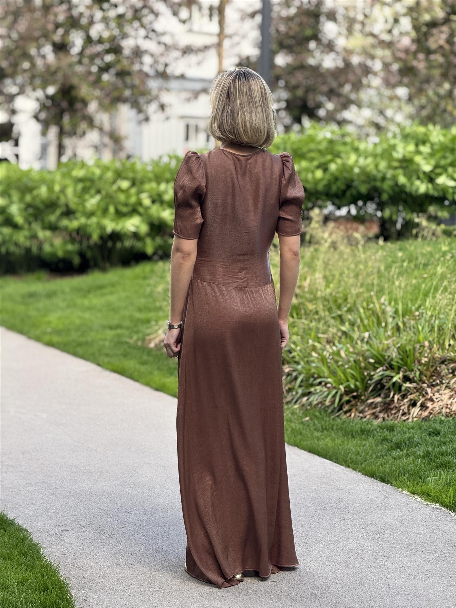 Shiny Button-Down Dress, Brown
