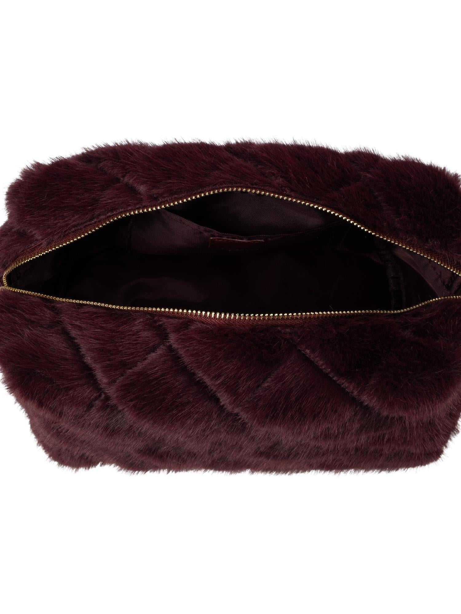 Faux Fur Quilted Make-Up Pouch Large, Bordeaux