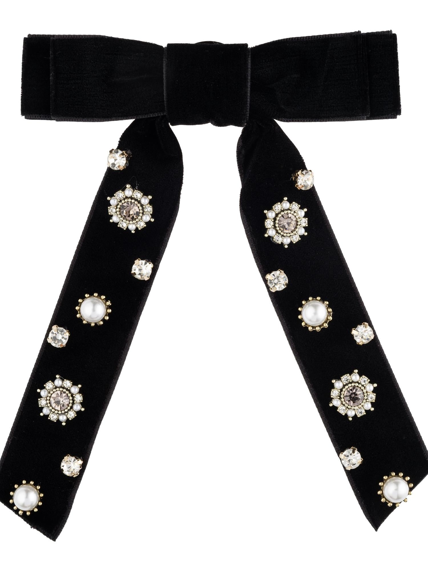 Velvet Bow Brooch W/Crystals & Pearls, Black