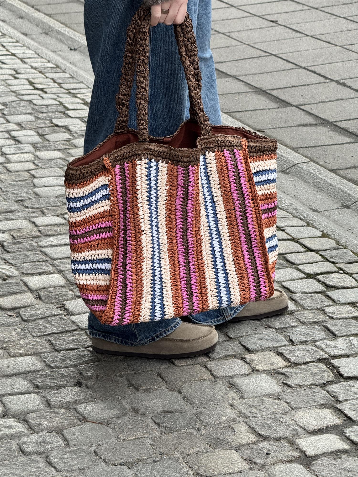 Stripe Straw Tota Bag, Brown