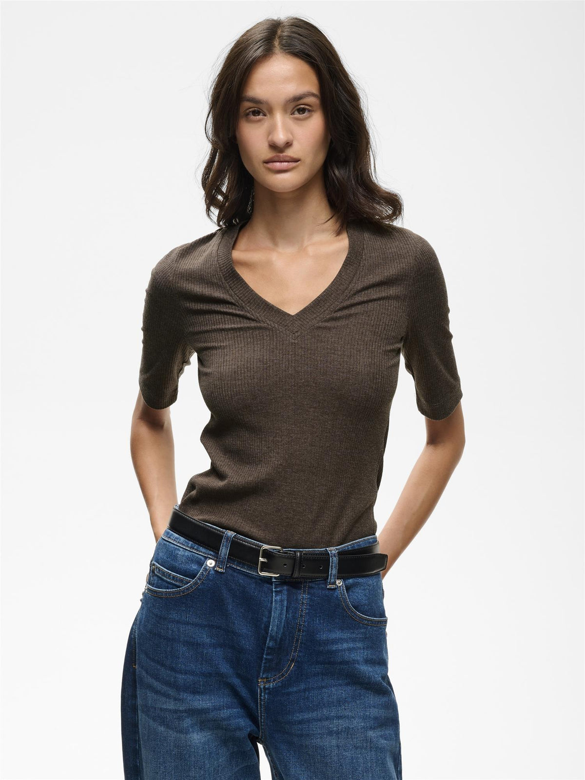 Dagna IW Melange V T-Shirt, Dark Brown