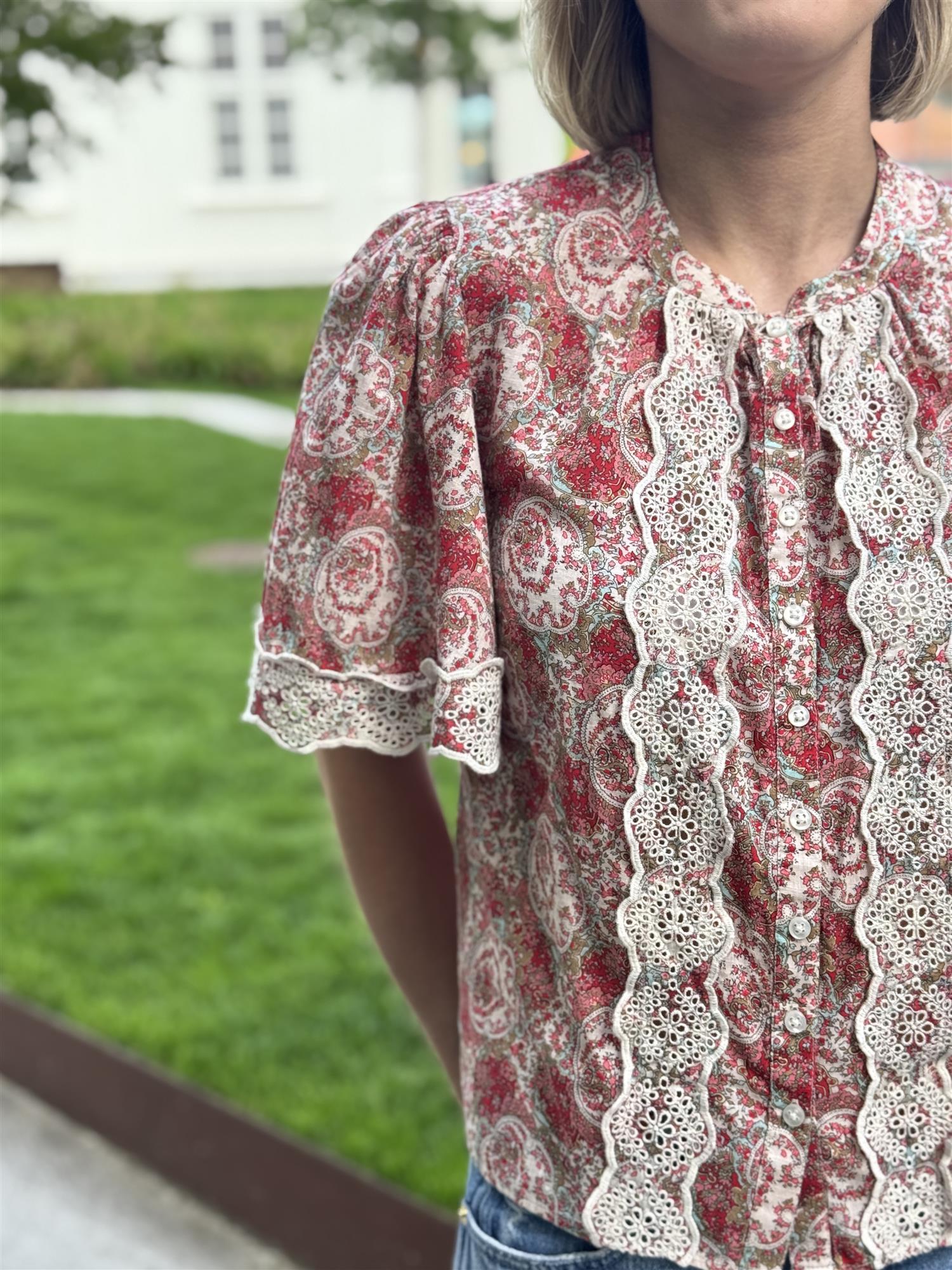Cotton Slub Blouse, Red Paisley
