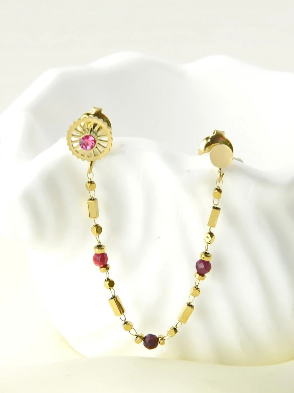 Earring, Asymmetric chain, Fuchsia