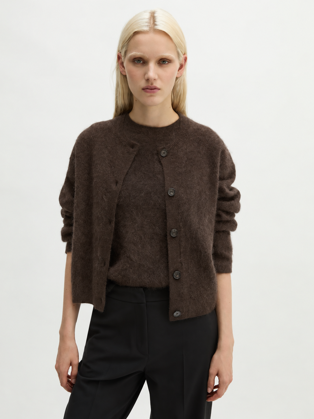 Cardigan, Round-neck, Burnt Coffee