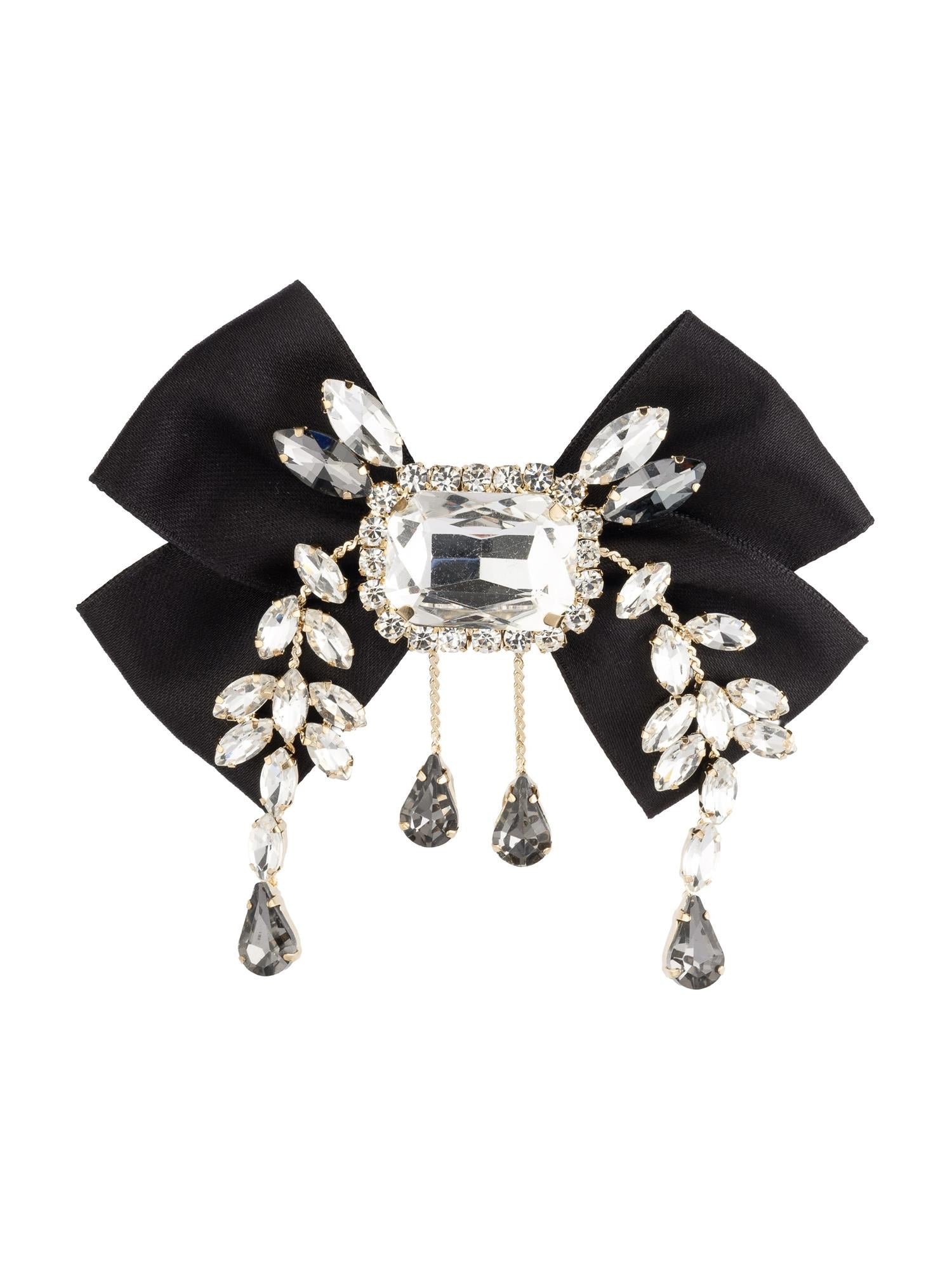 Satin Bow Brooch W/Crystals, Black