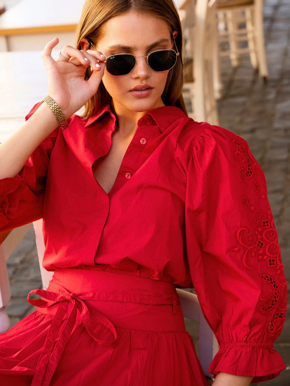 Amy Embroidered Blouse City Red Poplin