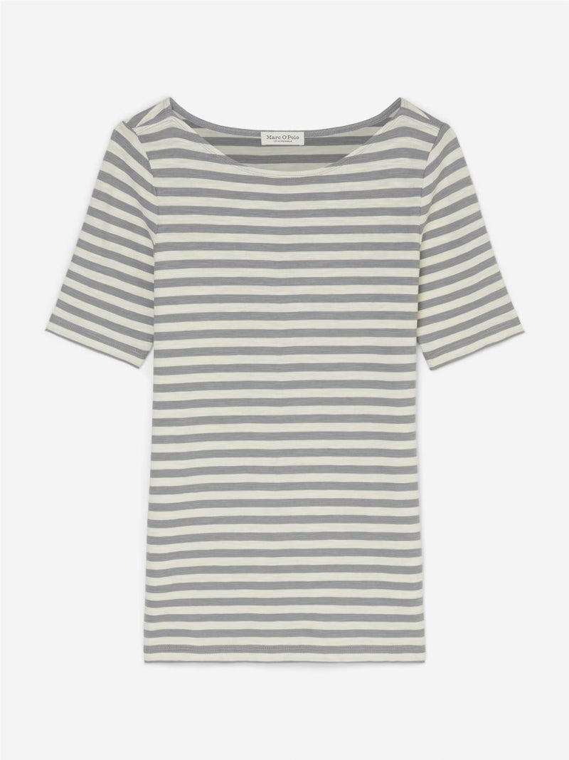T-shirt, short sleeve, boat neck, striped, Blue