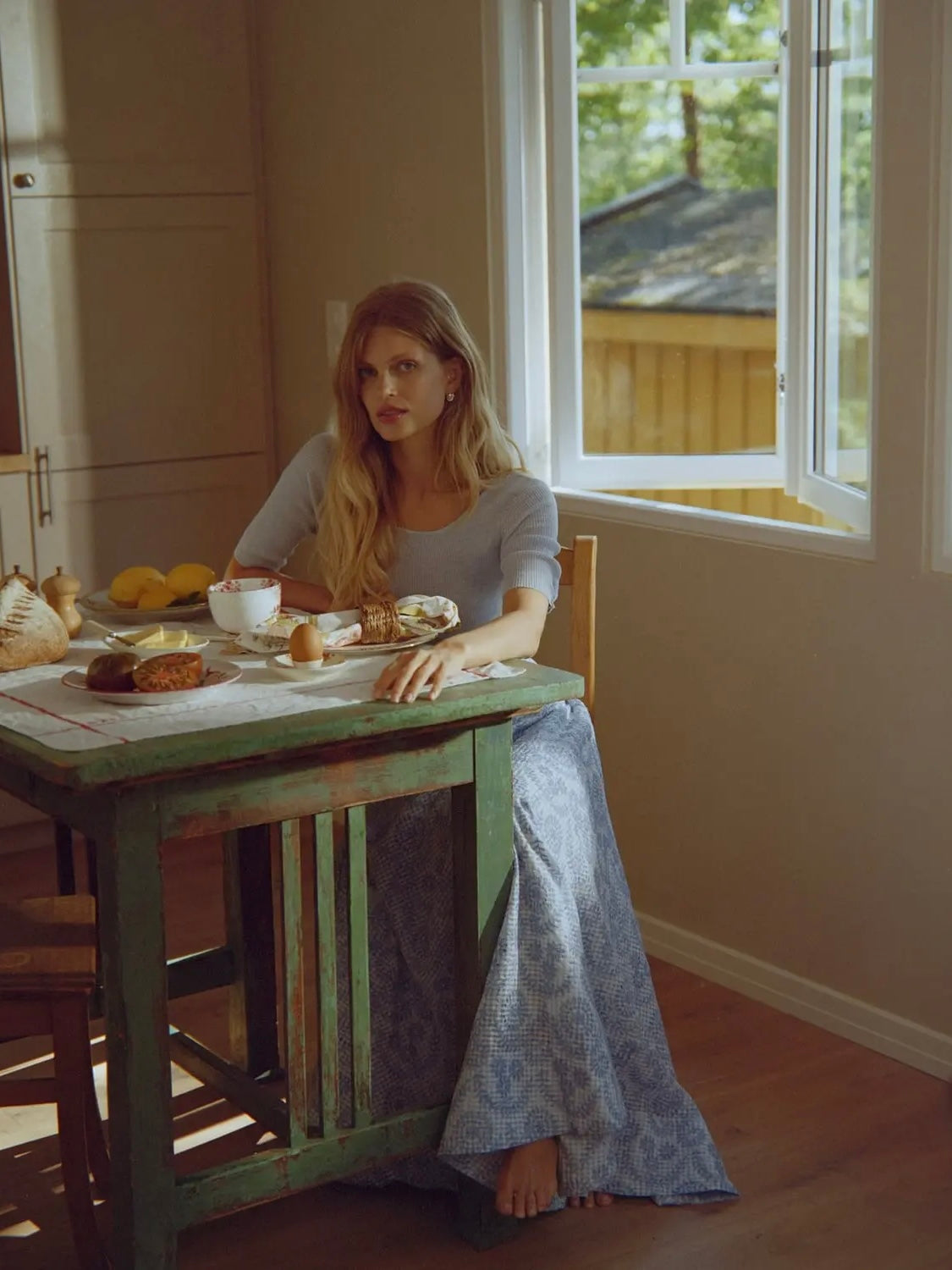 Checks Maxi Skirt, Light Blue