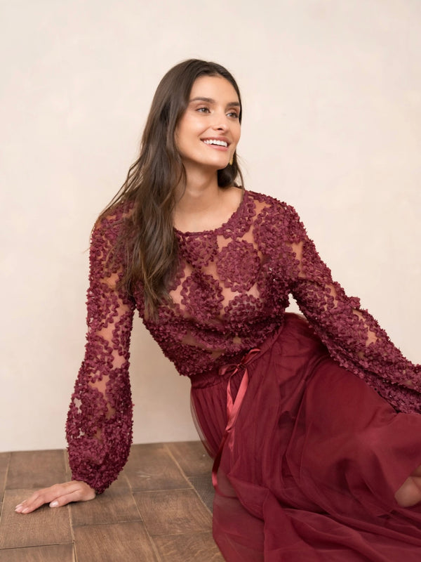 Mesh Blouse, Bordeaux