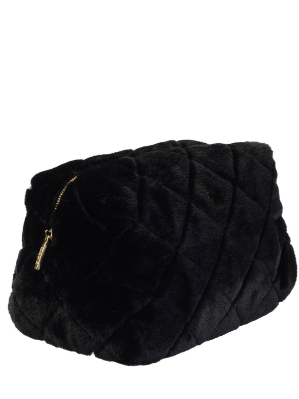 Faux Fur Quilted Make-Up Pouch Large, Black
