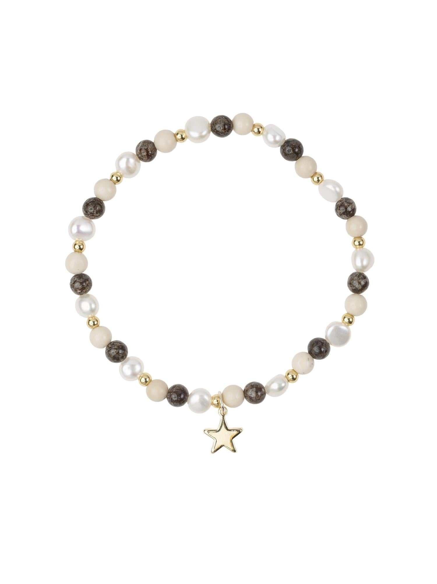 Stone & Pearl Bead Bracelet 4 mm W/Charm, Brown