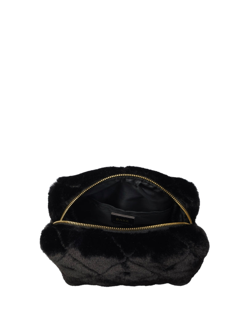 Faux Fur Quilted Make-Up Pouch Small, Black