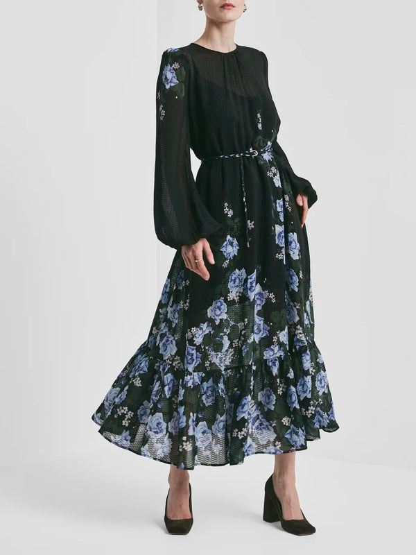 Georgette Relaxed Dress, Black/Blue