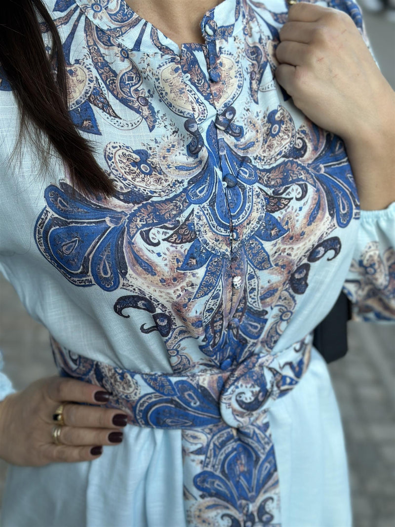 Long Paisley Dress, Bleu