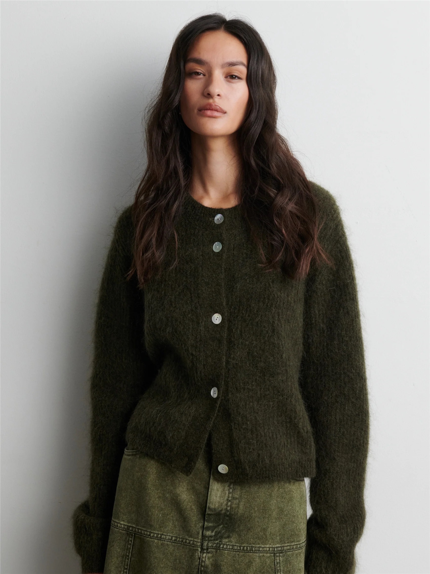 Andrea Knit Rib LS Cardigan, Green