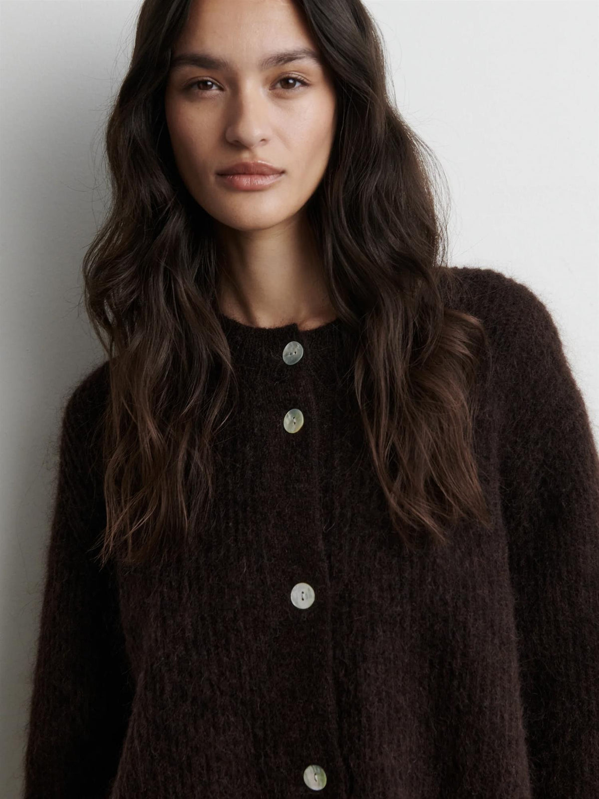 Andrea Knit Rib LS Cardigan, Brown