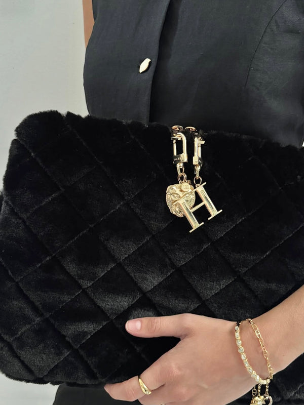 Faux Fur Quilted Mac Cover, Black