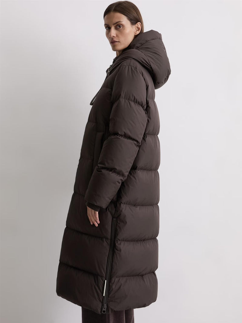 Coat, down filled, with hood, Dark Coffee