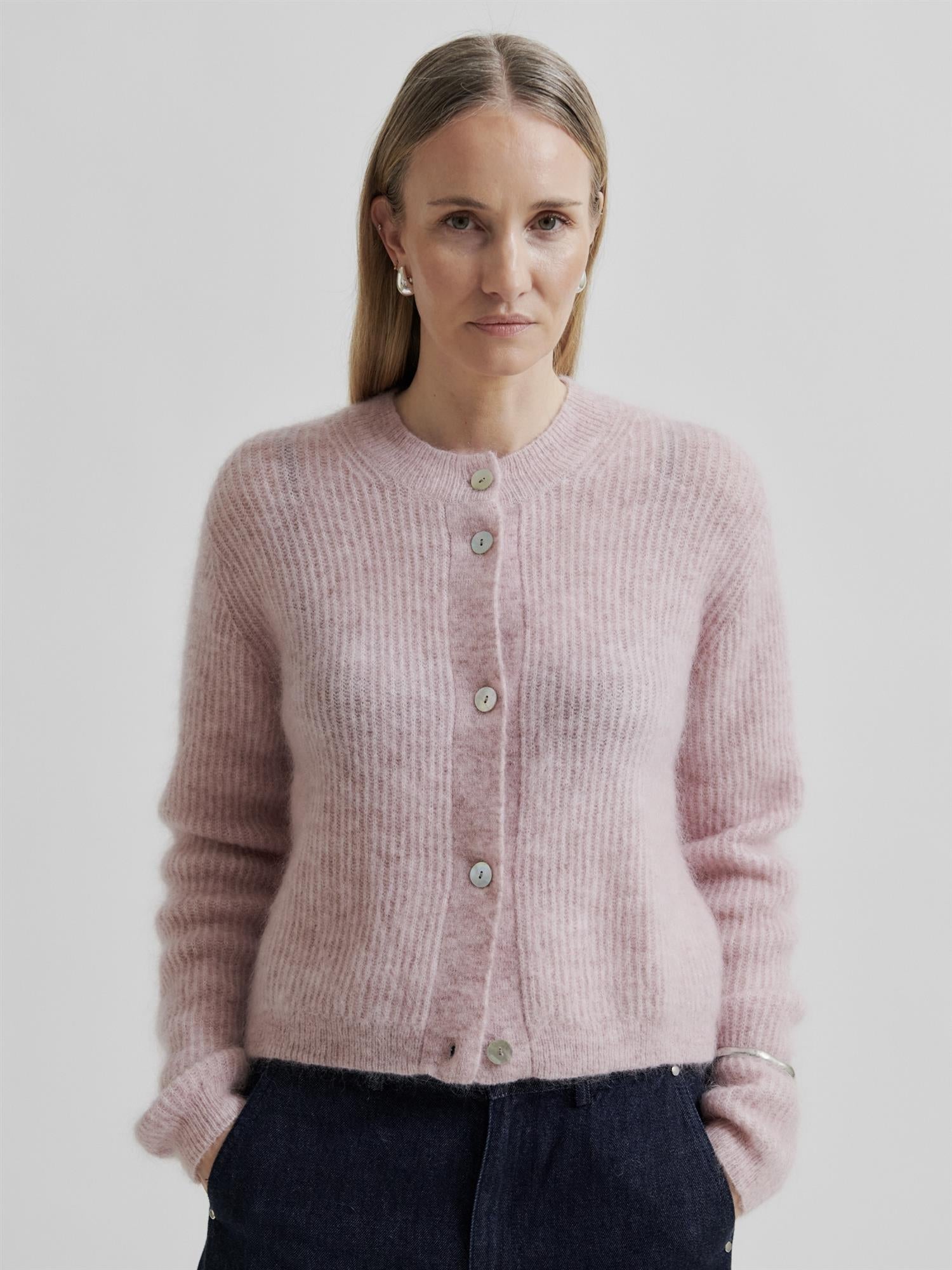 Andrea Knit Rib LS Cardigan, Rose