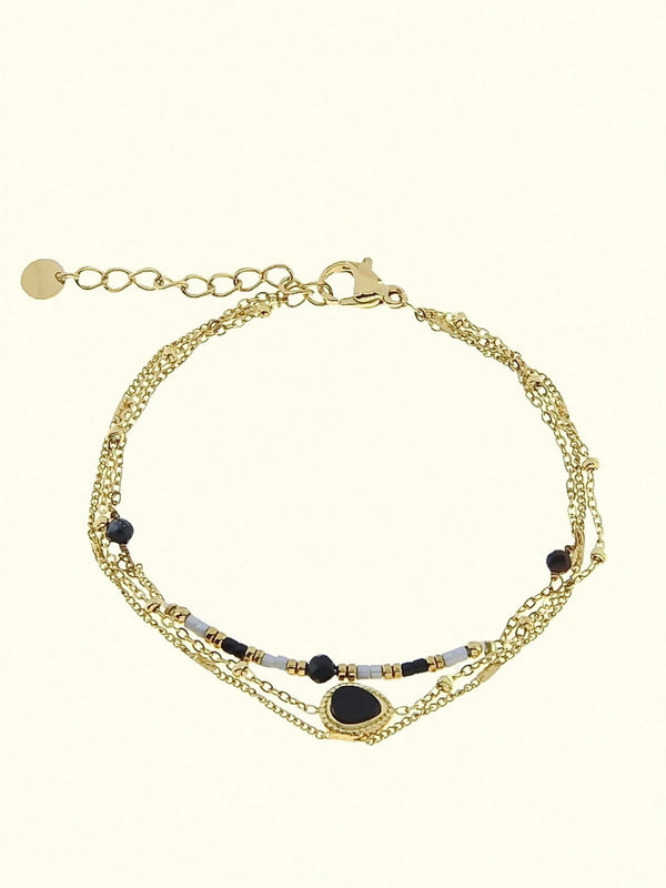 Bracelet, 3 row,, natural stones, Black
