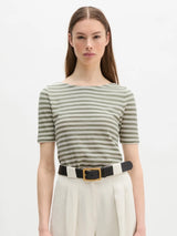 T-shirt, short sleeve, boat neck, Striped Green