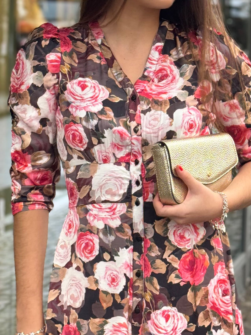 Satin Button-Down Dress, Midnight Roses
