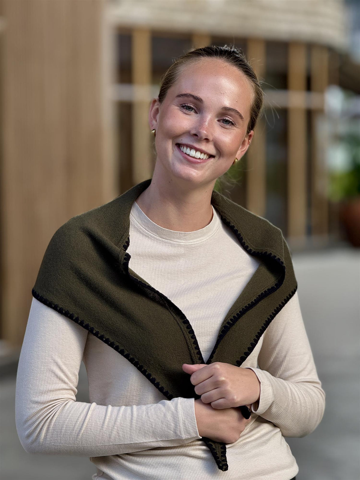 Mina Stitched Merino Scarf, Army