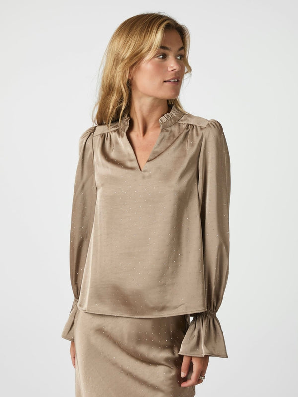 Amara Heavy Satin Bedaz Blouse, Dark Taupe