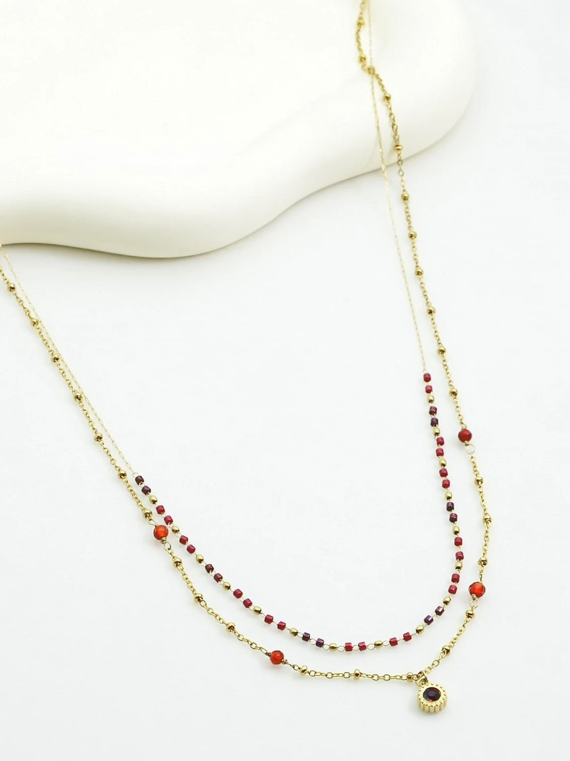 Necklace, double-layer, natural stone, Burgundy
