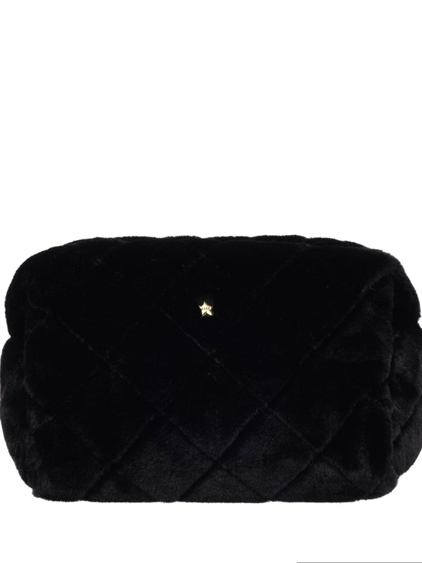 Faux Fur Quilted Make-Up Pouch Large, Black