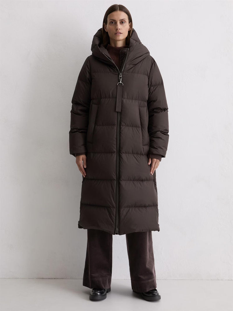 Coat, down filled, with hood, Dark Coffee