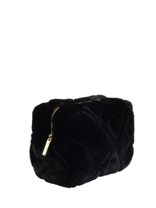 Faux Fur Quilted Make-Up Pouch Small, Black