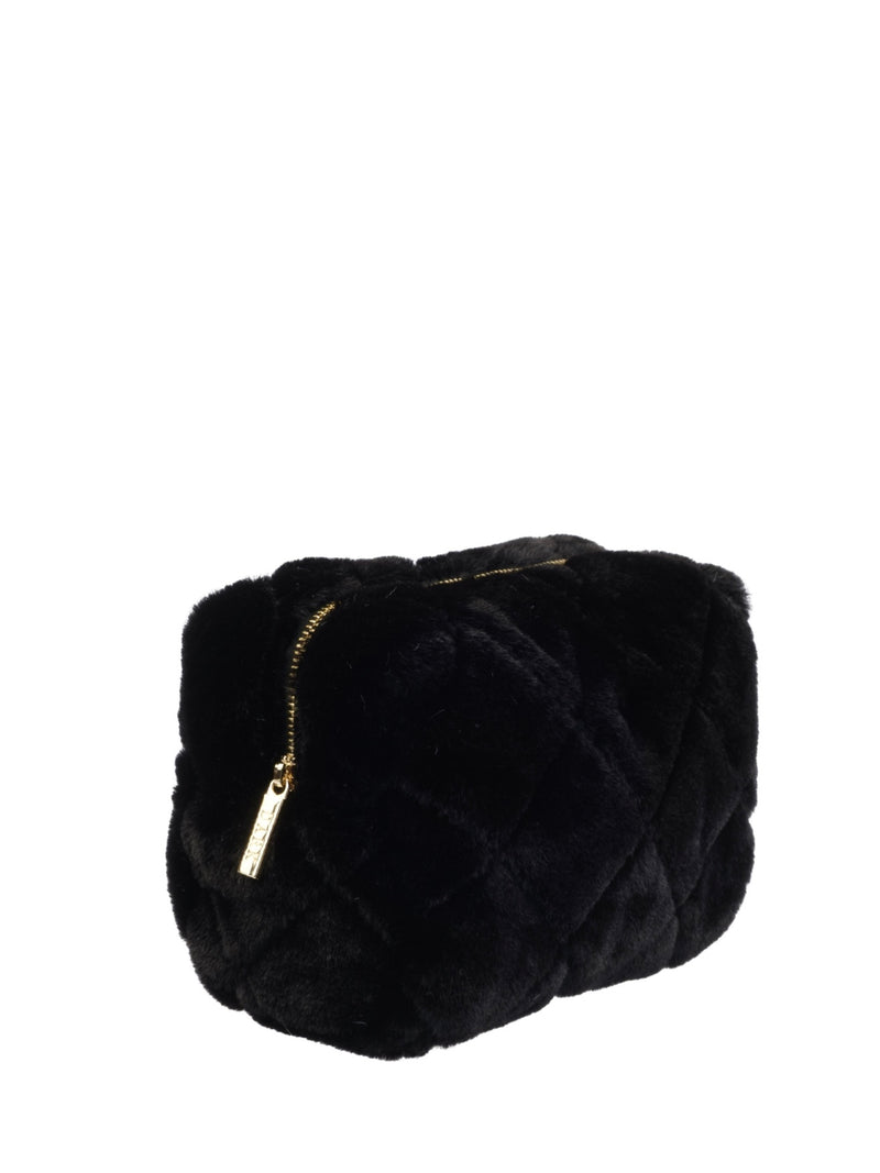 Faux Fur Quilted Make-Up Pouch Small, Black
