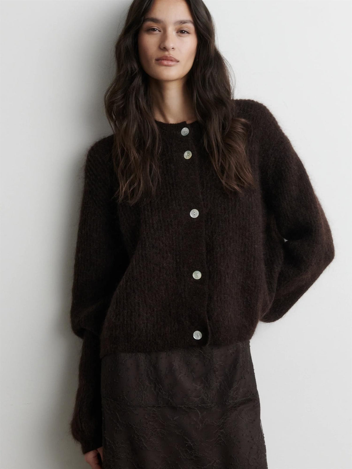 Andrea Knit Rib LS Cardigan, Brown