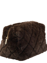 Faux Fur Quilted Make-Up Pouch Large, Chocolate Brown