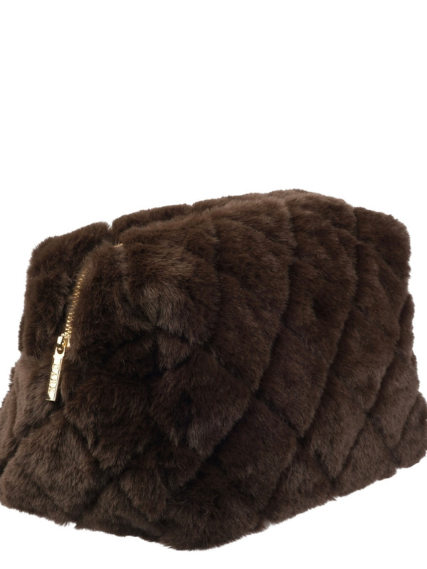 Faux Fur Quilted Make-Up Pouch Large, Chocolate Brown