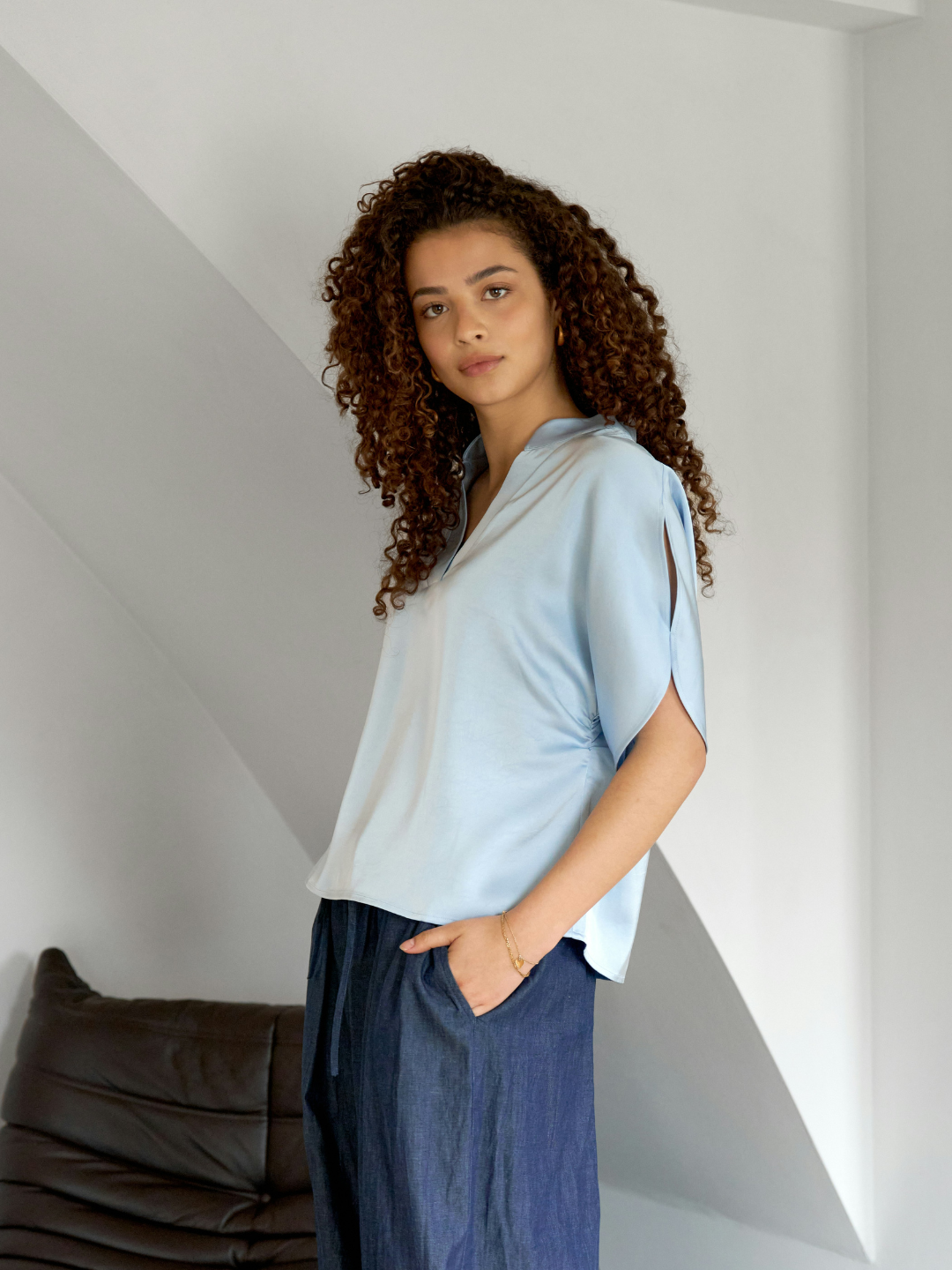 Anelle Heavy Sateen Blouse, Light Blue