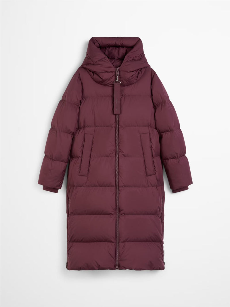 Coat, down filled, with hood, Burgunder
