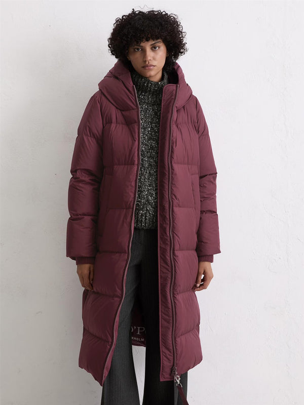 Coat, down filled, with hood, Burgunder